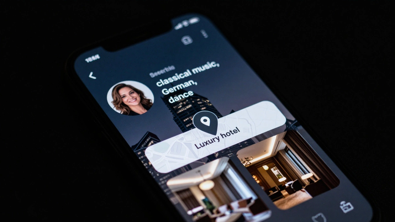 A discreet mobile booking interface showing a companion&#039;s profile and hotel location in Dubai.