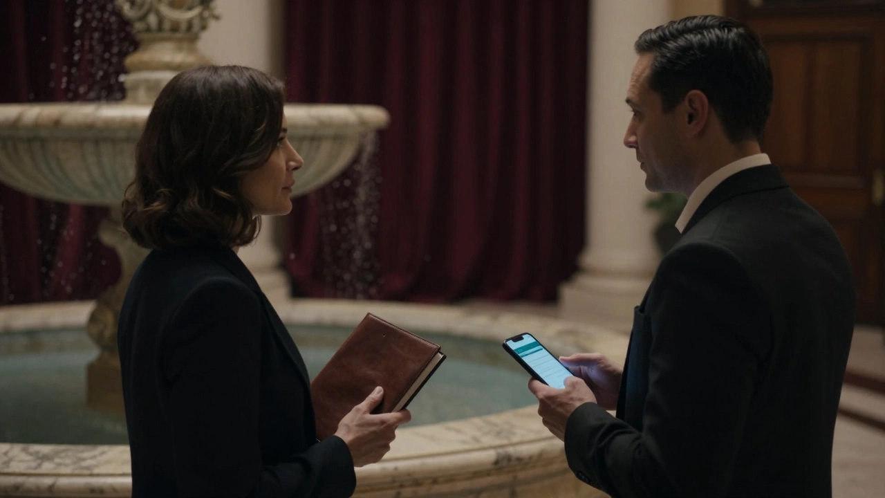 Two individuals meet discreetly in a luxury hotel lobby, their interaction quiet and professional, shadows suggesting confidentiality.